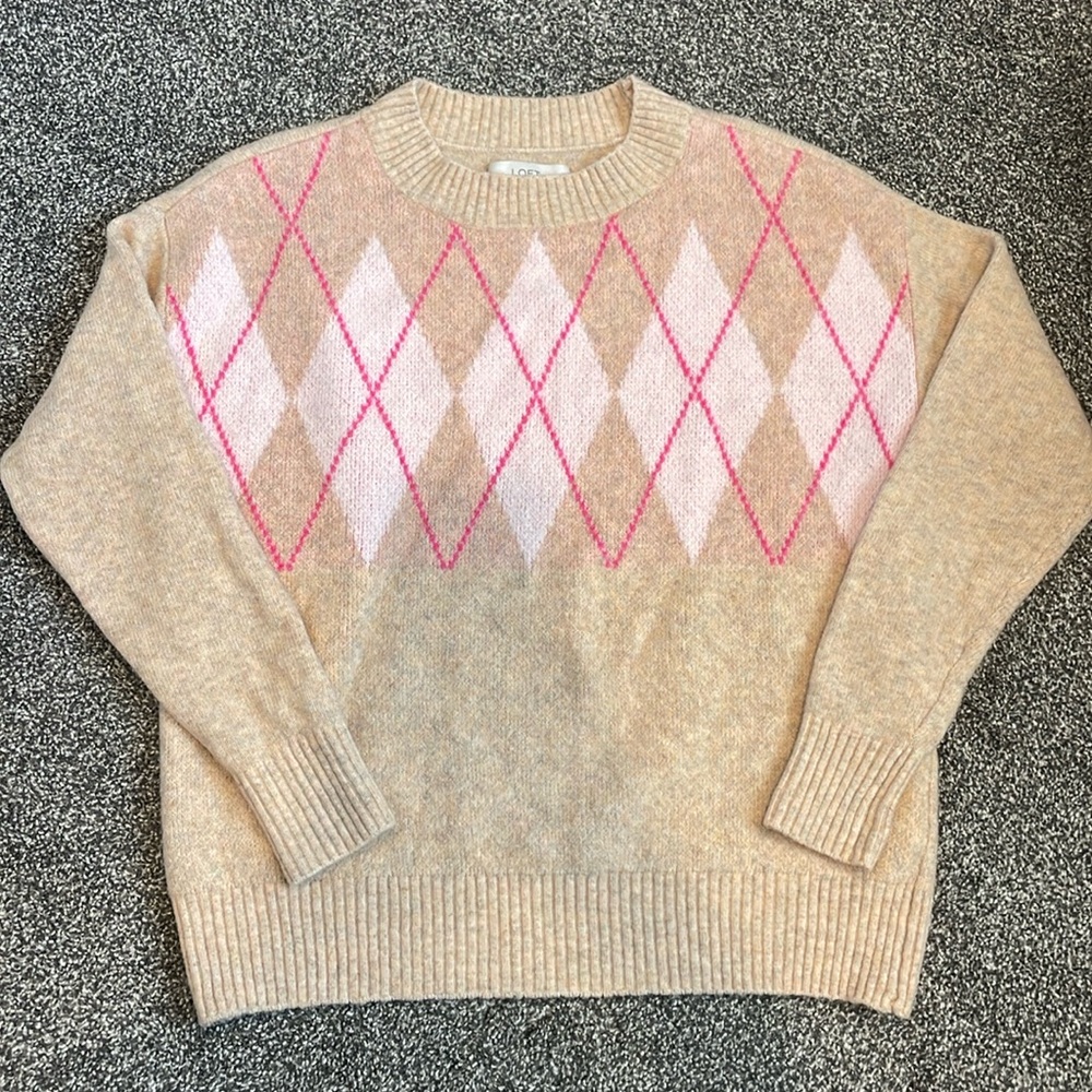 Loft Women’s Tan Crewneck Sweater Pink Accents Valentines Sweater